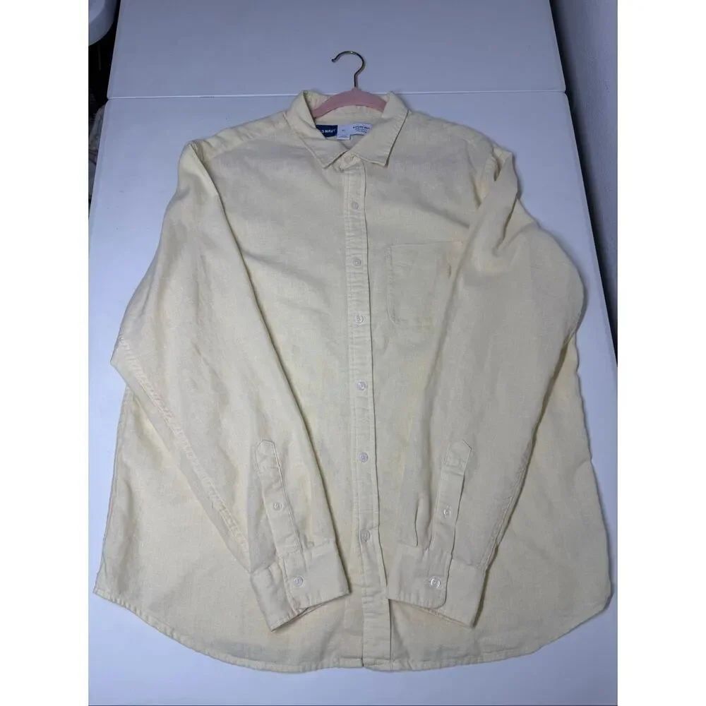 Old Navy Men's Linen Blend Long Sleeve Button-Up Shirt Light Yellow Size XL - Picture 4 of 7